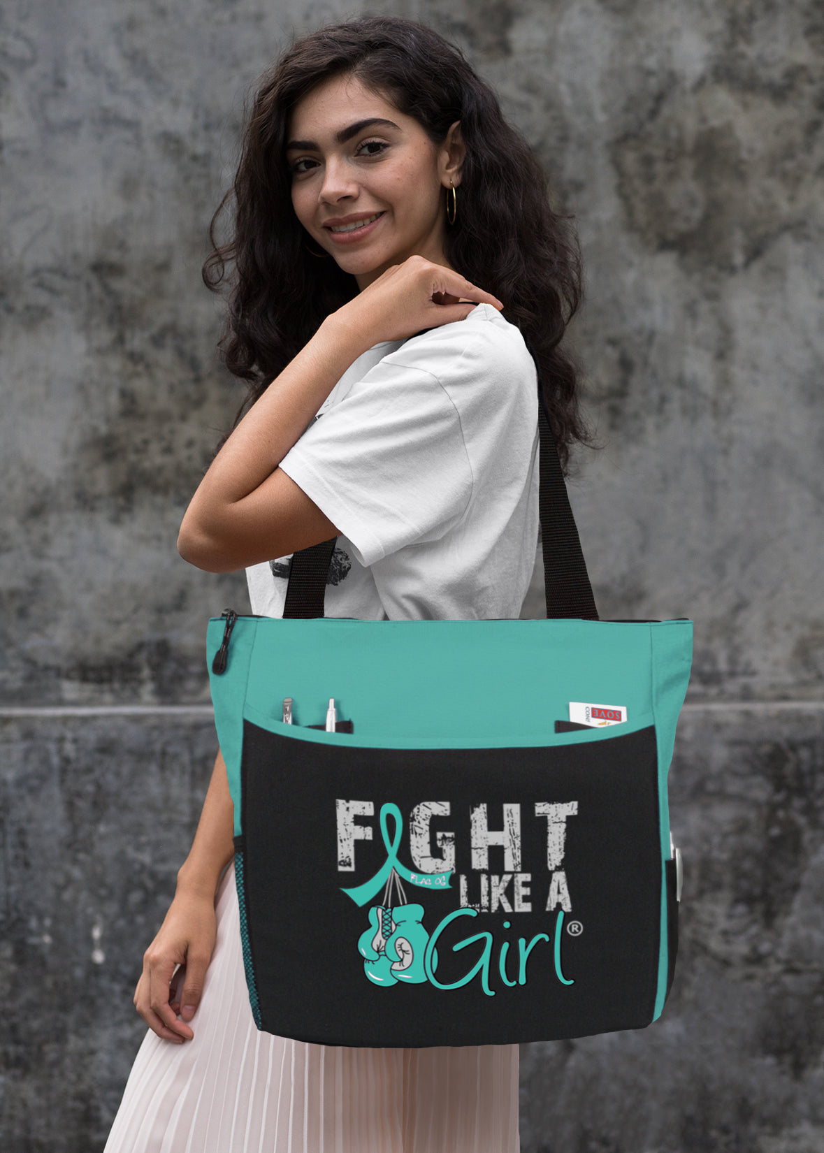 Fight Like a Girl Knockout Dakota Tote Bag - Black w/ Teal (2024 Version)