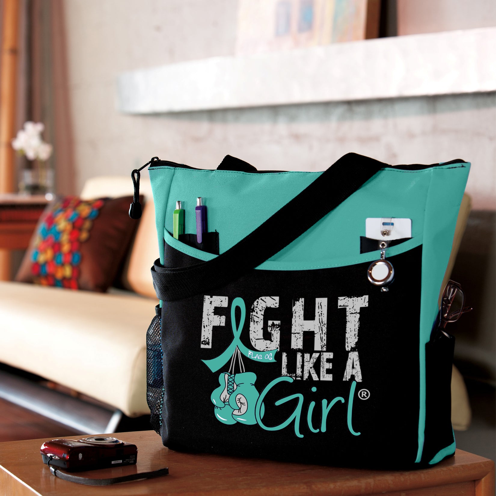 Fight Like a Girl Knockout Dakota Tote Bag - Black w/ Teal (2024 Version)