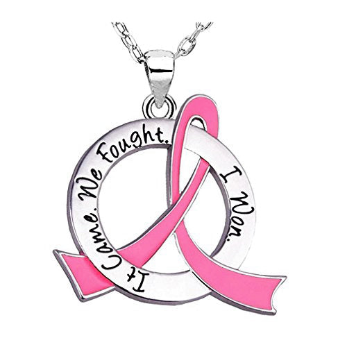 Breast Cancer Survivor Necklace It Came We Fought I Won w/ Pink Ribbon
