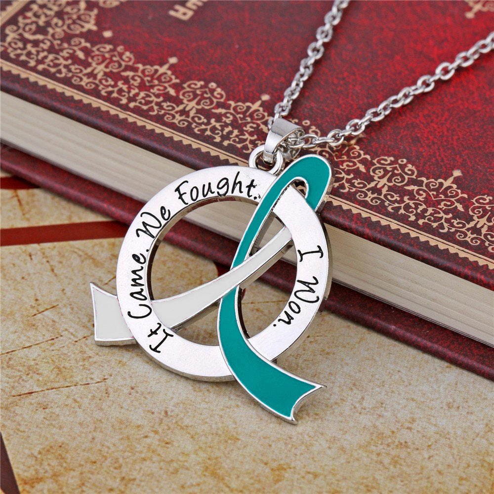 It Came We Fought I Won Awareness Ribbon Necklace - Teal/White