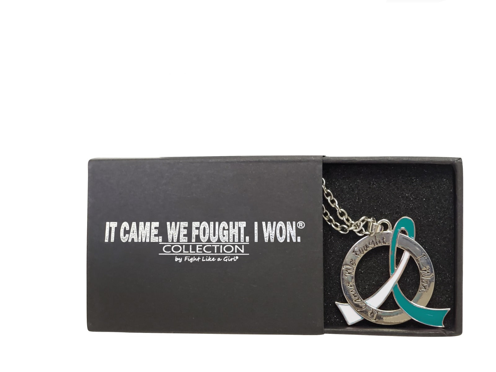 It Came We Fought I Won Awareness Ribbon Necklace - Teal/White