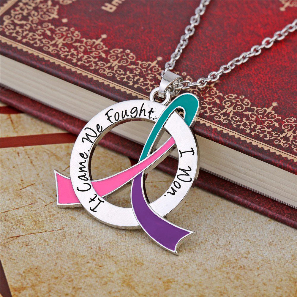 It Came We Fought I Won Awareness Ribbon Necklace - Teal/Purple/Pink