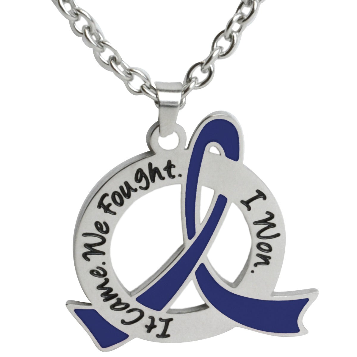 It Came We Fought I Won Awareness Ribbon Necklace (Stainless Steel) - Blue