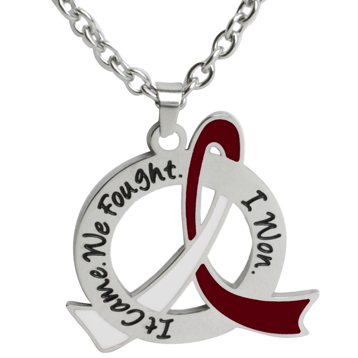 It Came We Fought I Won Awareness Ribbon Necklace (Stainless Steel) - Burgundy/White