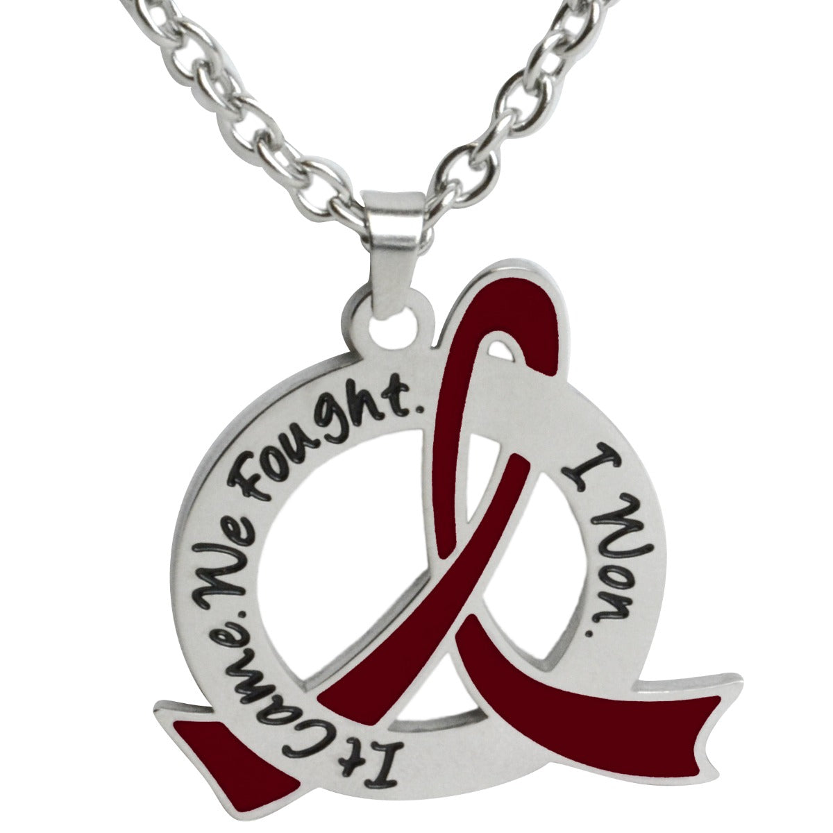 It Came We Fought I Won Awareness Ribbon Necklace (Stainless Steel) - Burgundy