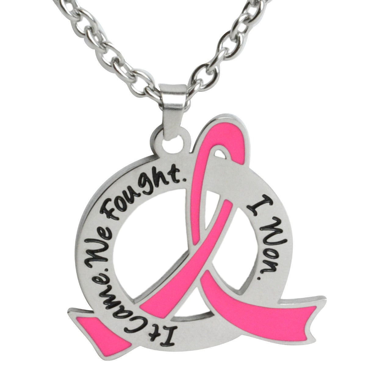 It Came We Fought I Won Awareness Ribbon Necklace (Stainless Steel) - Pink