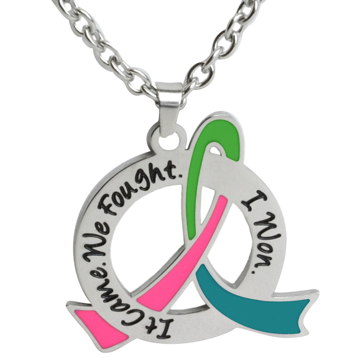 It Came We Fought I Won Awareness Ribbon Necklace (Stainless Steel) - Pink/Teal/Green