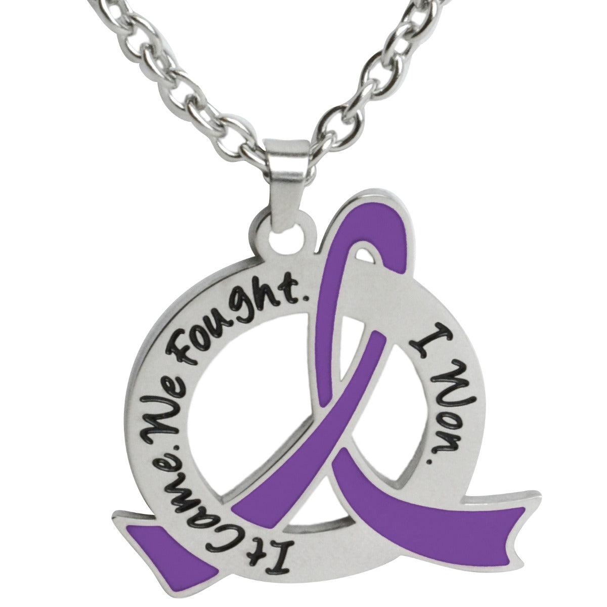 It Came We Fought I Won Awareness Ribbon Necklace (Stainless Steel) - Purple
