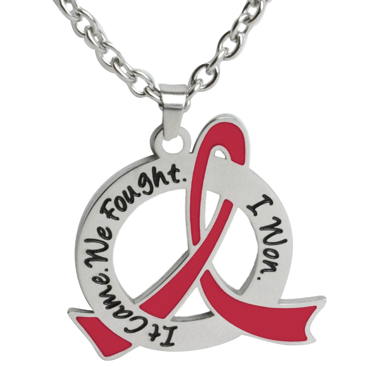 It Came We Fought I Won Awareness Ribbon Necklace (Stainless Steel) - Red