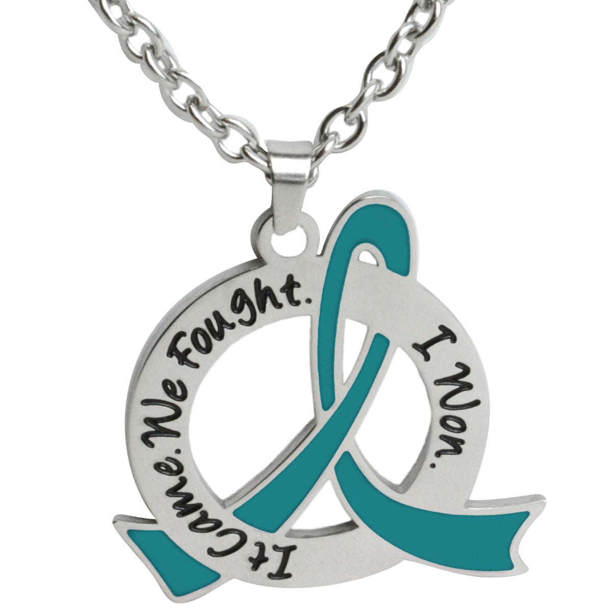 It Came We Fought I Won Awareness Ribbon Necklace (Stainless Steel) - Teal