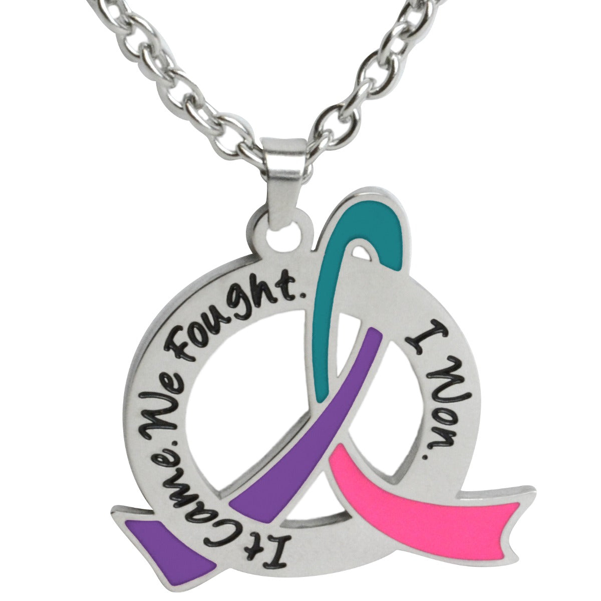 It Came We Fought I Won Awareness Ribbon Necklace (Stainless Steel) - Teal/Purple/Pink