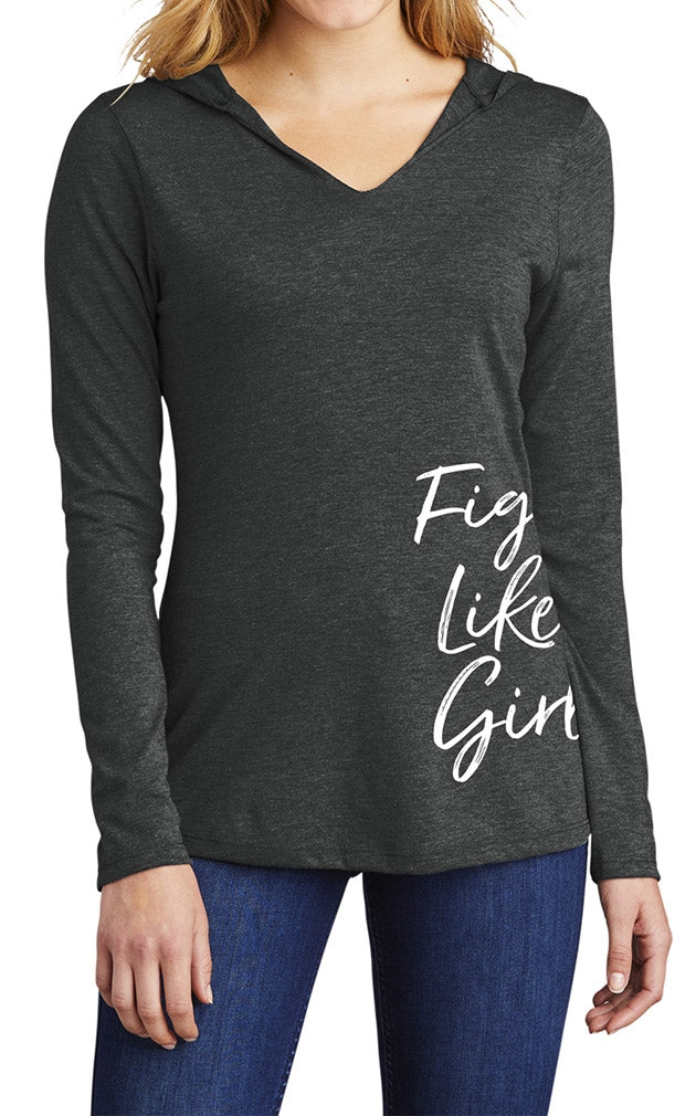 "Fight Like a Girl Script" Side-Wrap Ladies Tri-Blend Hooded Long Sleeve Shirt - Black Frost