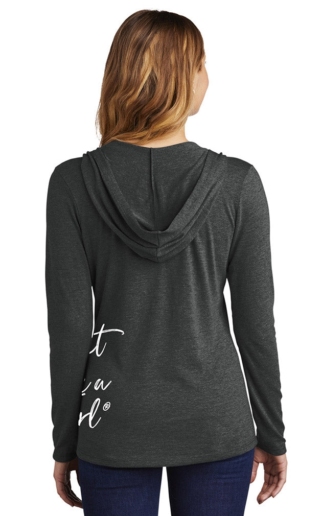 "Fight Like a Girl Script" Side-Wrap Ladies Tri-Blend Hooded Long Sleeve Shirt - Black Frost