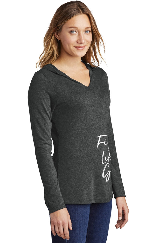 "Fight Like a Girl Script" Side-Wrap Ladies Tri-Blend Hooded Long Sleeve Shirt - Black Frost
