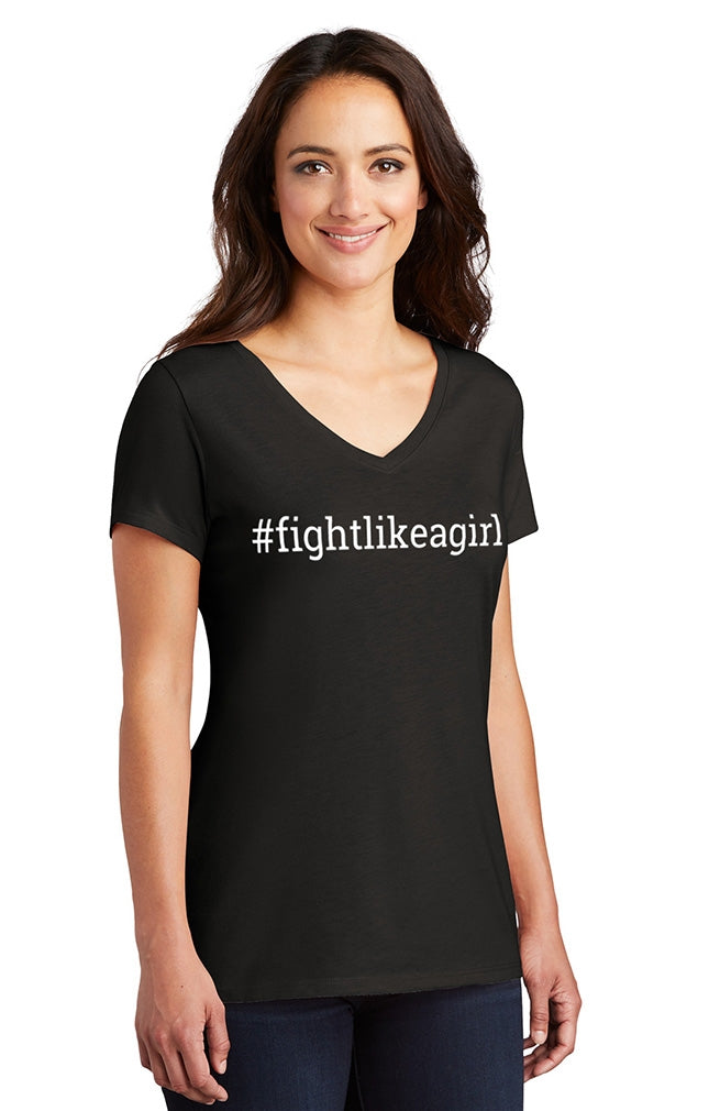 "Fight Like a Girl Hashtag" Ladies' V-Neck T-Shirt - Black