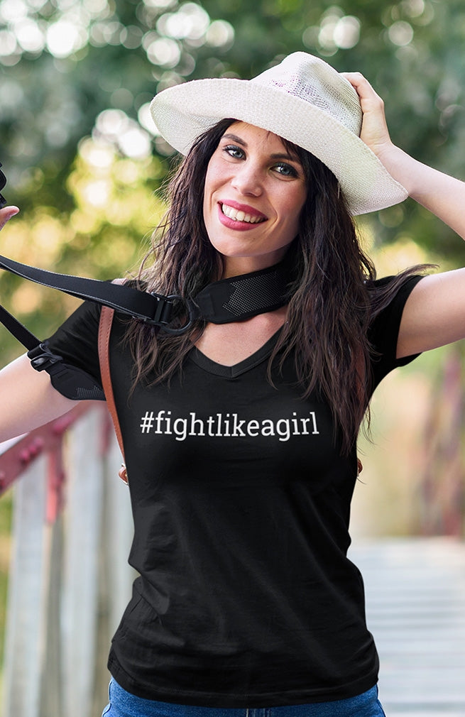 "Fight Like a Girl Hashtag" Ladies' V-Neck T-Shirt - Black