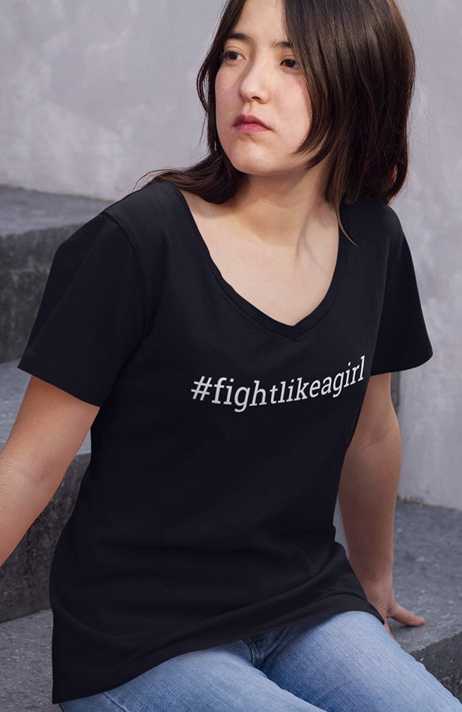 "Fight Like a Girl Hashtag" Ladies' V-Neck T-Shirt - Black