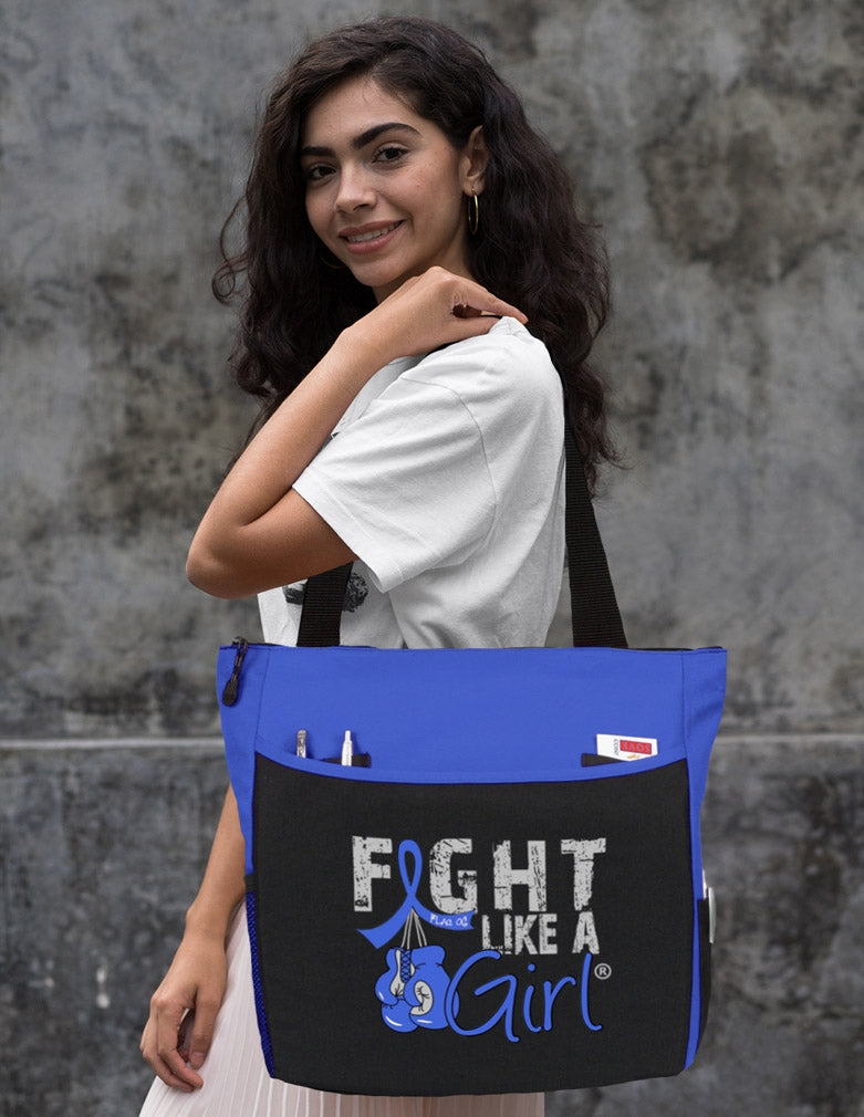 Blue Fight Like a Girl Knockout Dakota Tote Bag - Over the Shoulder