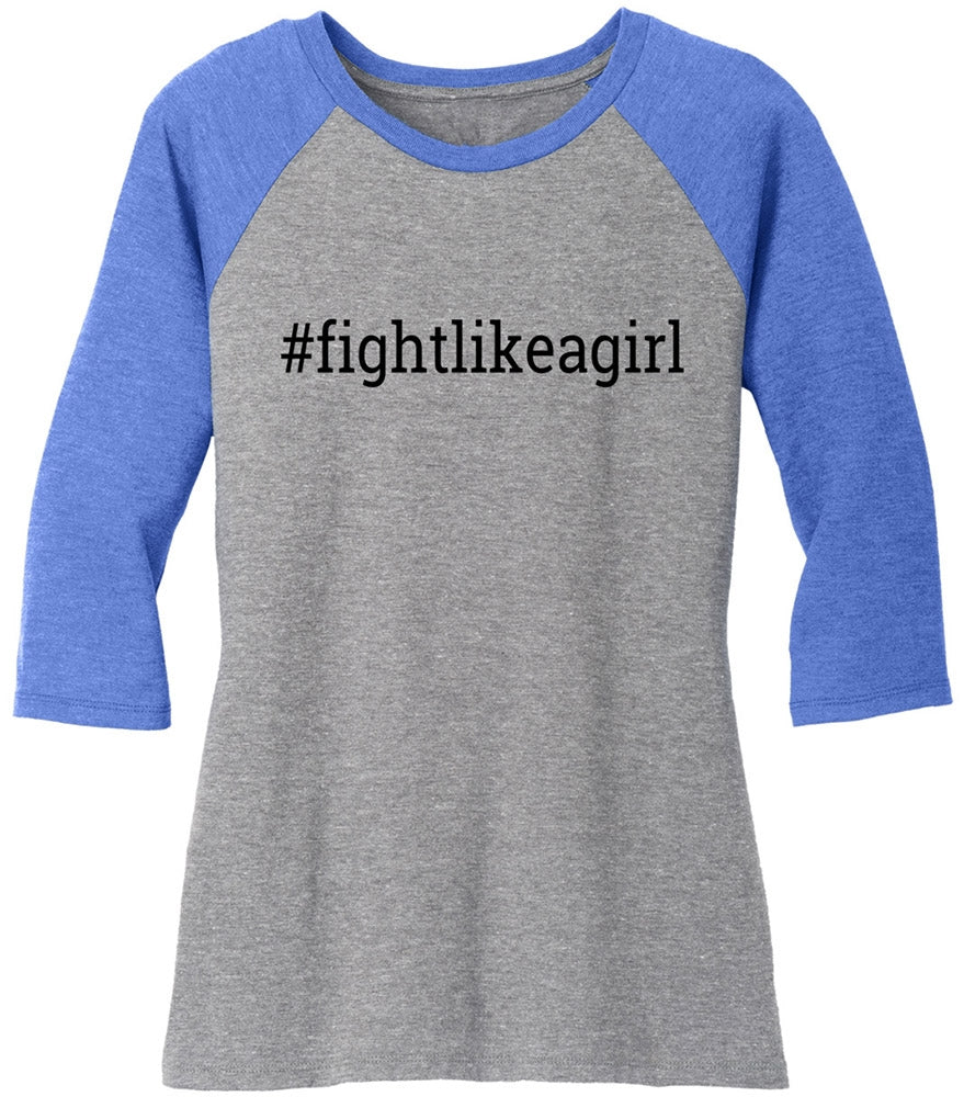 Fight Like a Girl Hashtag Women's Raglan 3/4 Sleeve T-Shirt - Grey Frost w/ Blue Frost