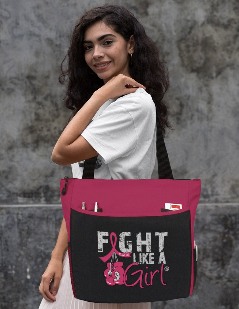 Burgundy Fight Like a Girl Knockout Dakota Tote Bag - Over the Shoulder