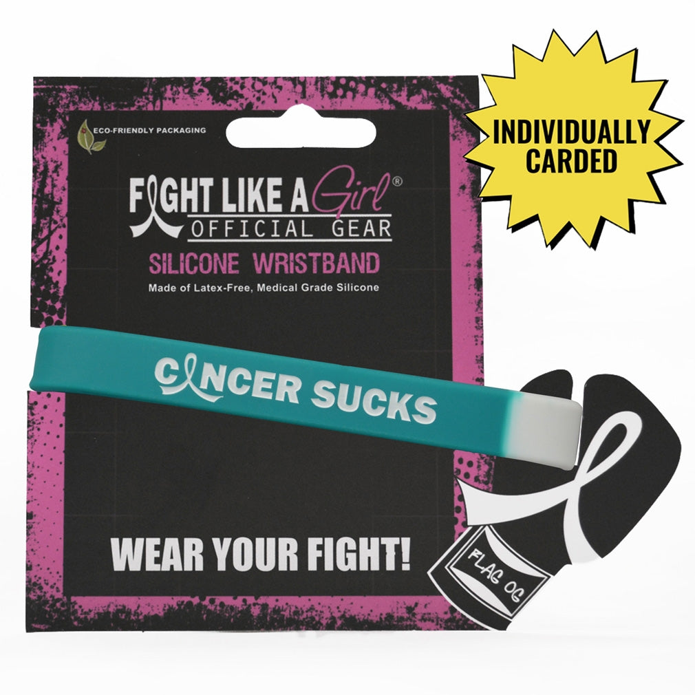 Cancer Sucks Teal and White Wristband Bracelet for Cervical Cancer