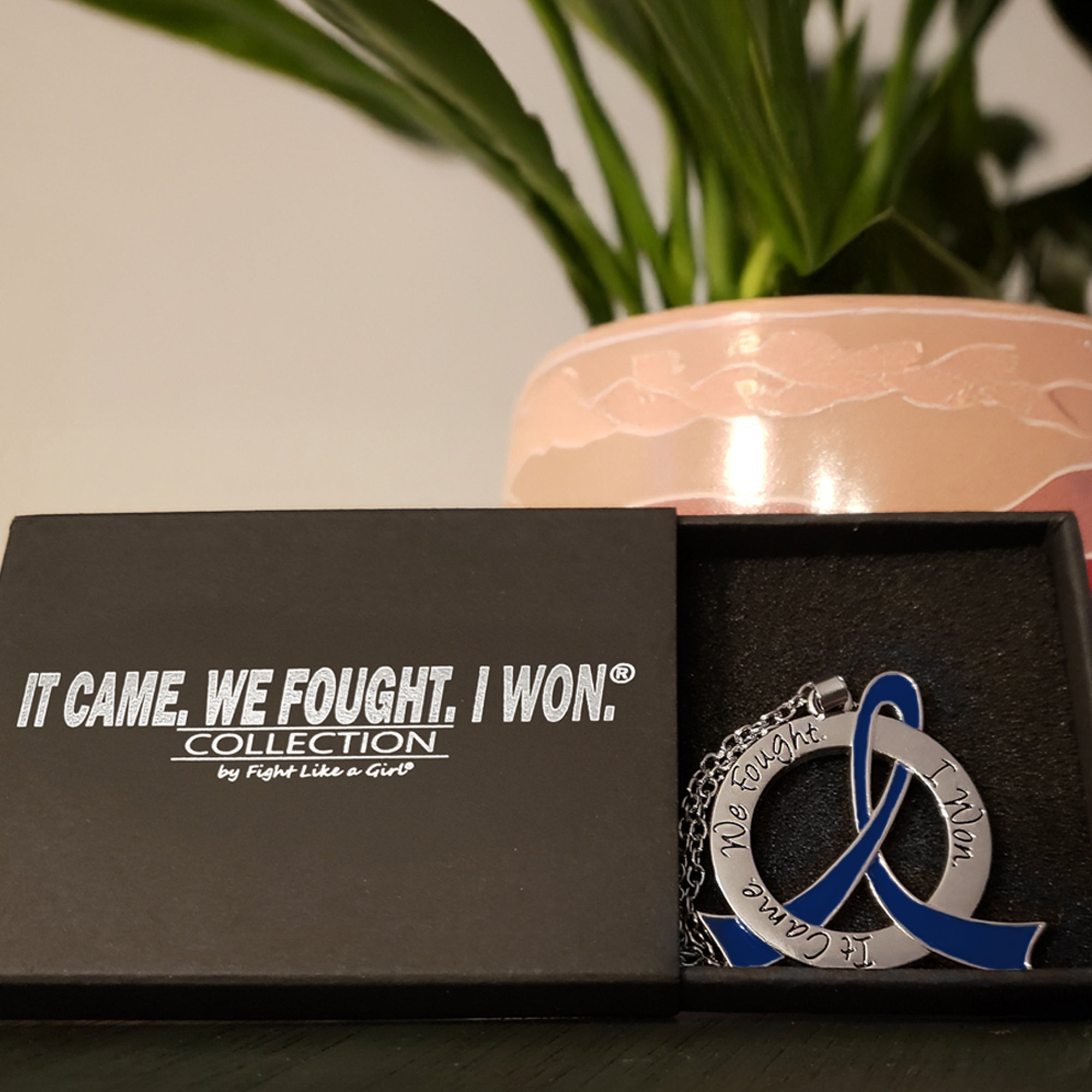 It Came We Fought I Won Awareness Ribbon Necklace - Blue