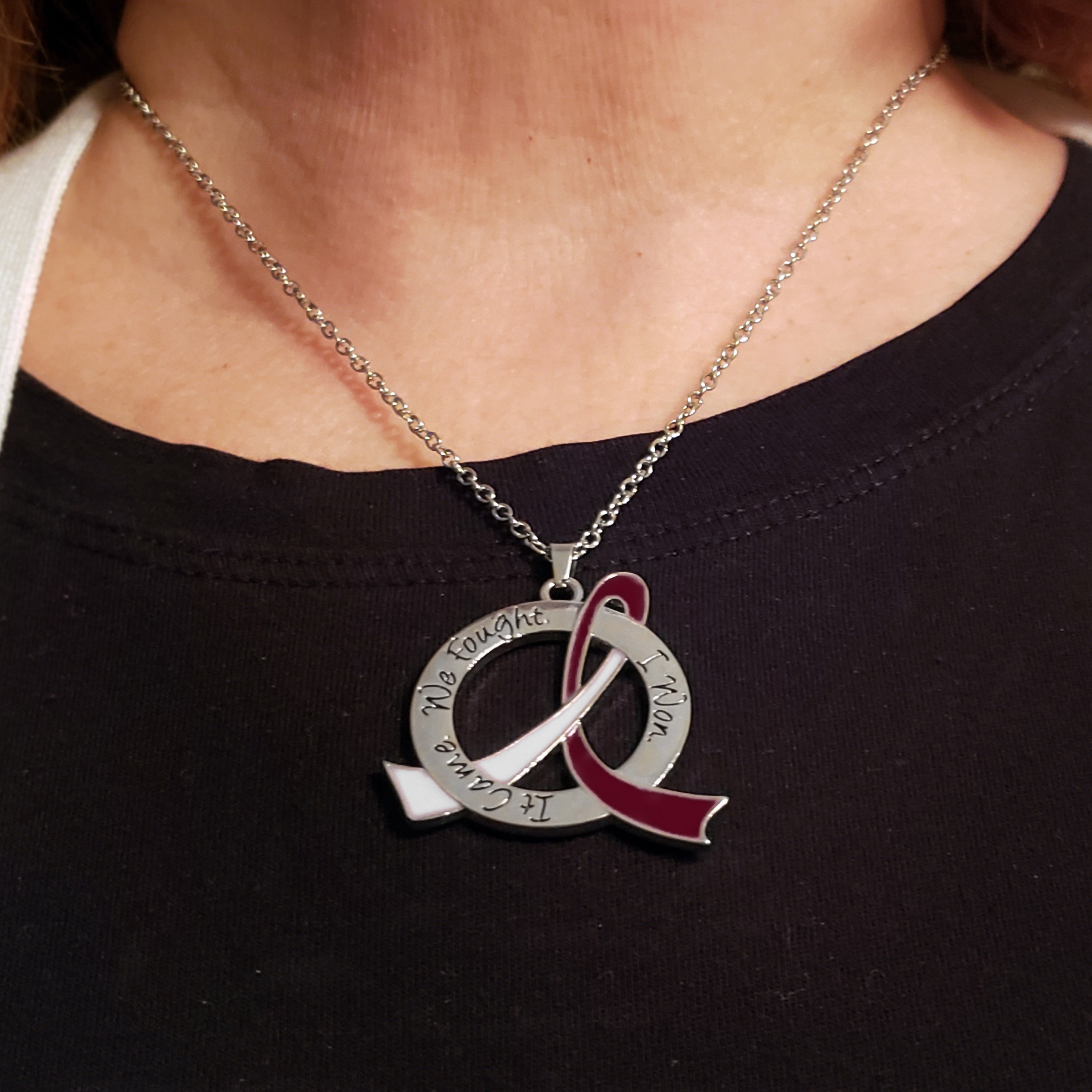 It Came We Fought I Won Awareness Ribbon Necklace - Burgundy/White