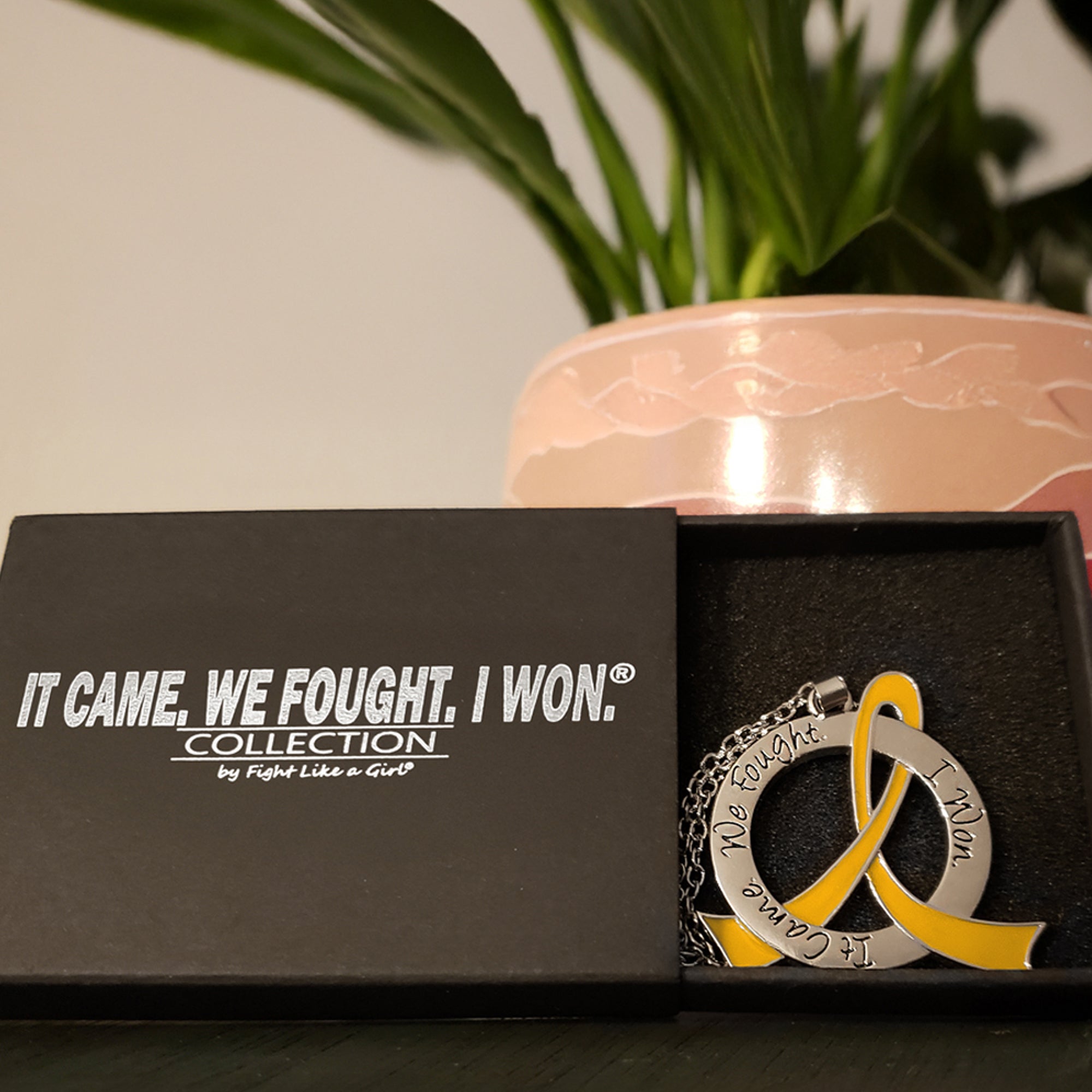 It Came We Fought I Won Awareness Ribbon Necklace - Gold
