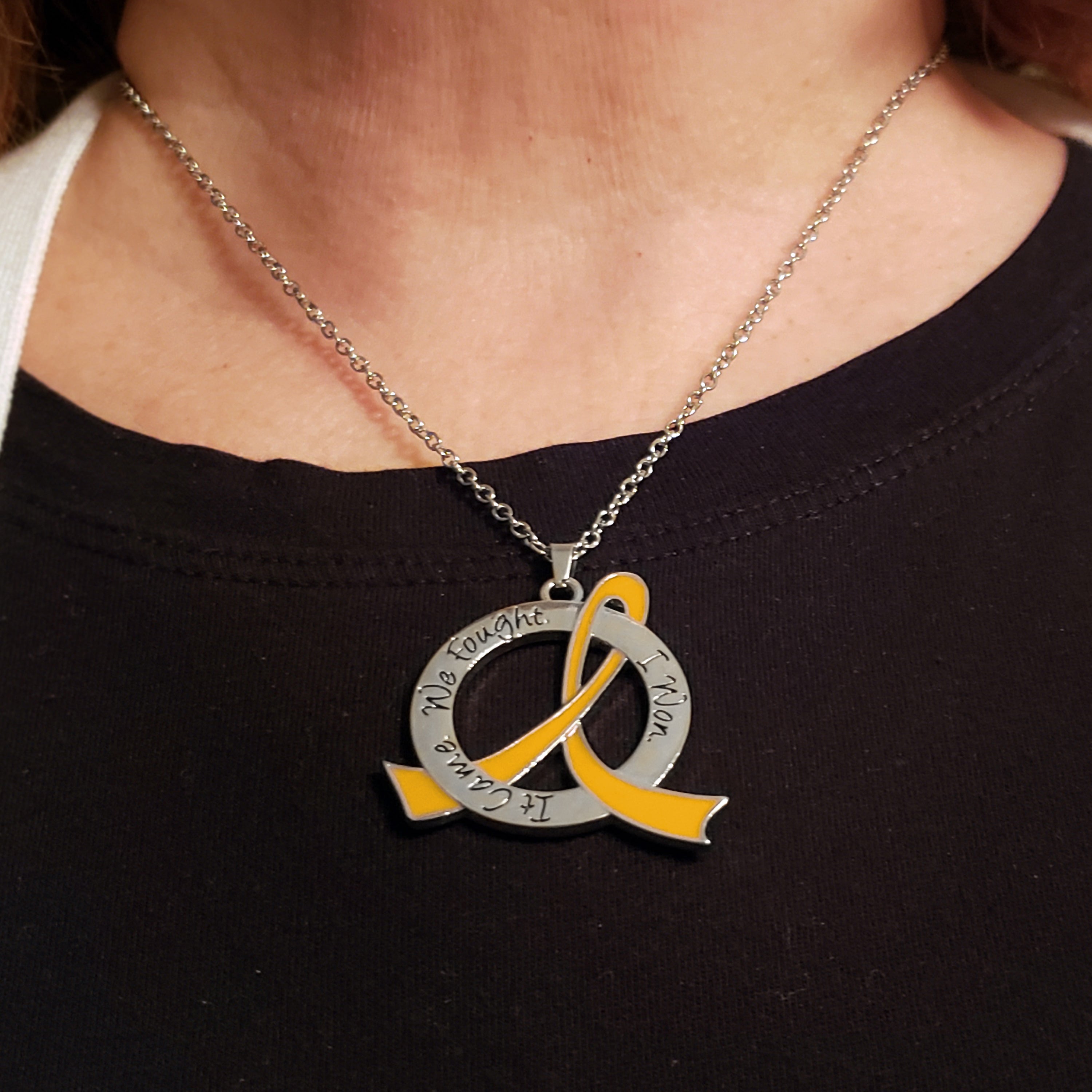 It Came We Fought I Won Awareness Ribbon Necklace - Gold