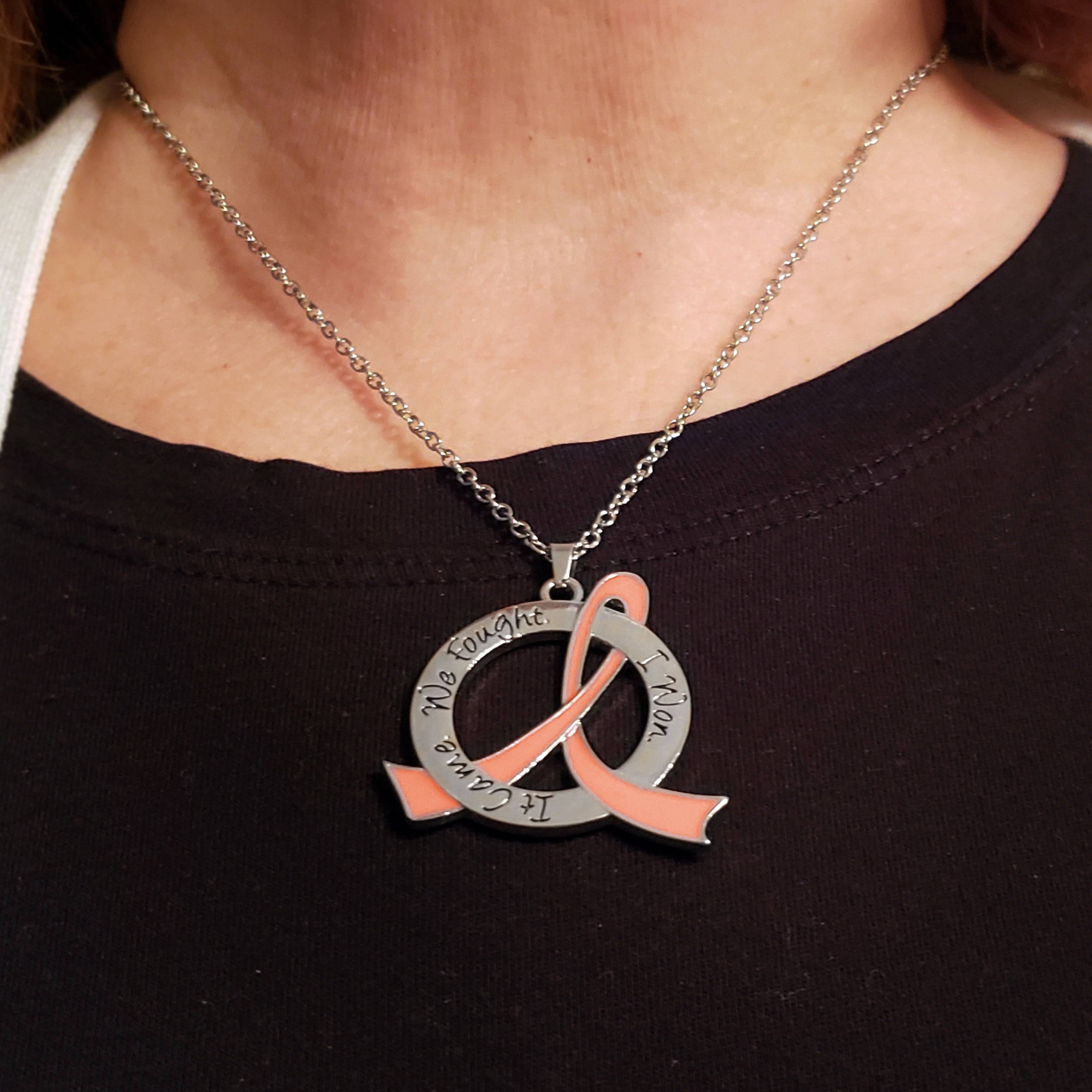 It Came We Fought I Won Awareness Ribbon Necklace - Peach