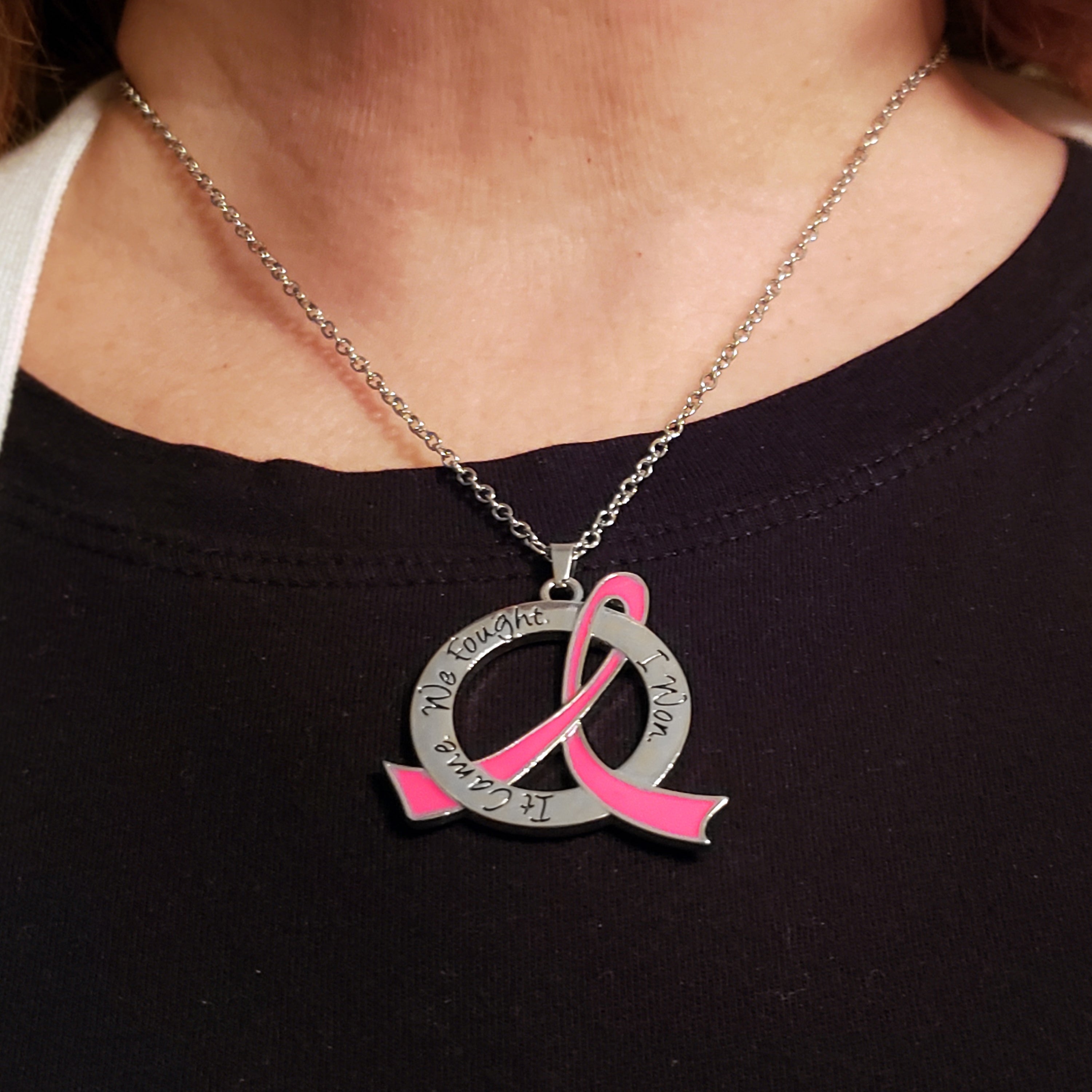 Breast Cancer Survivor Necklace It Came We Fought I Won - Pink