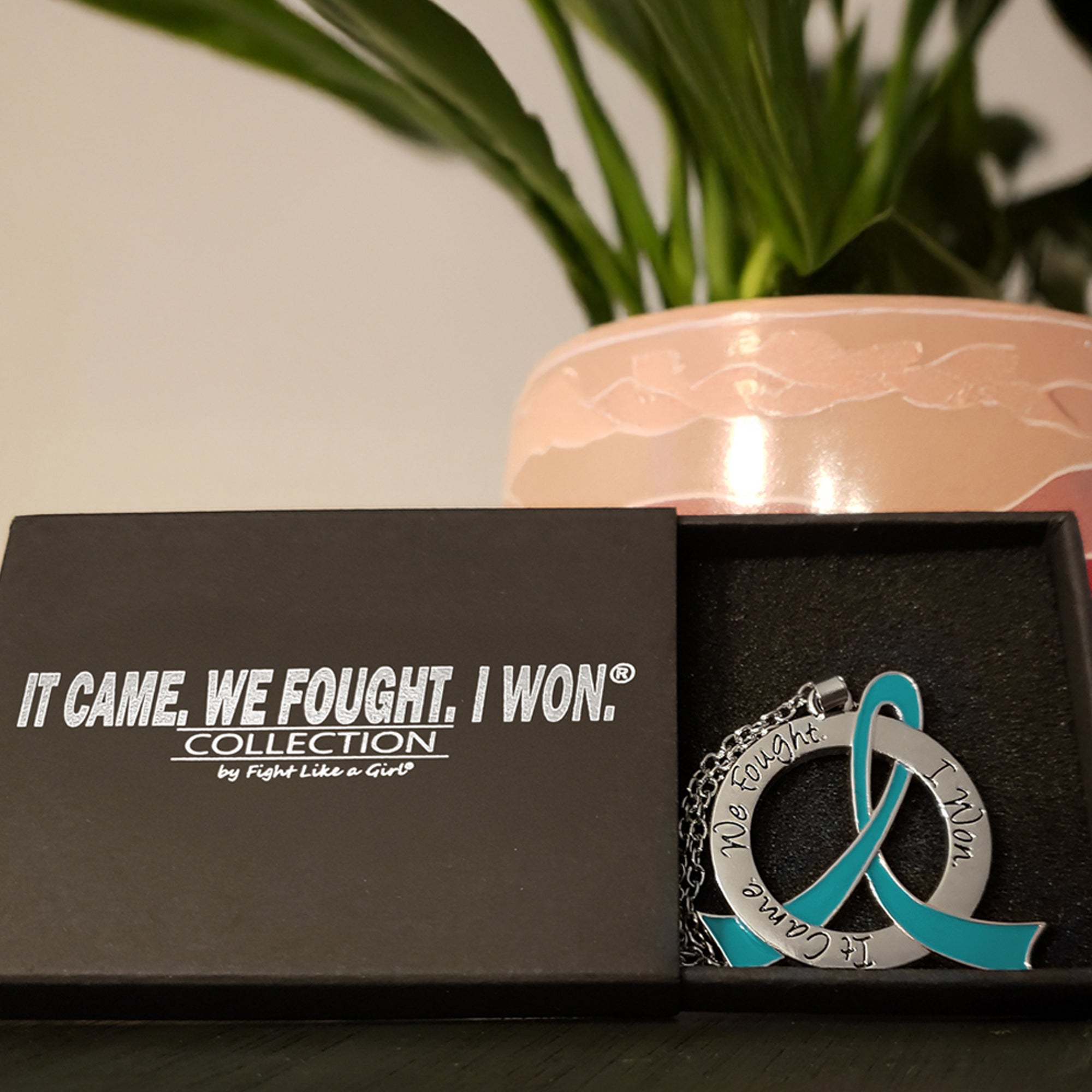 It Came We Fought I Won Awareness Ribbon Necklace - Teal