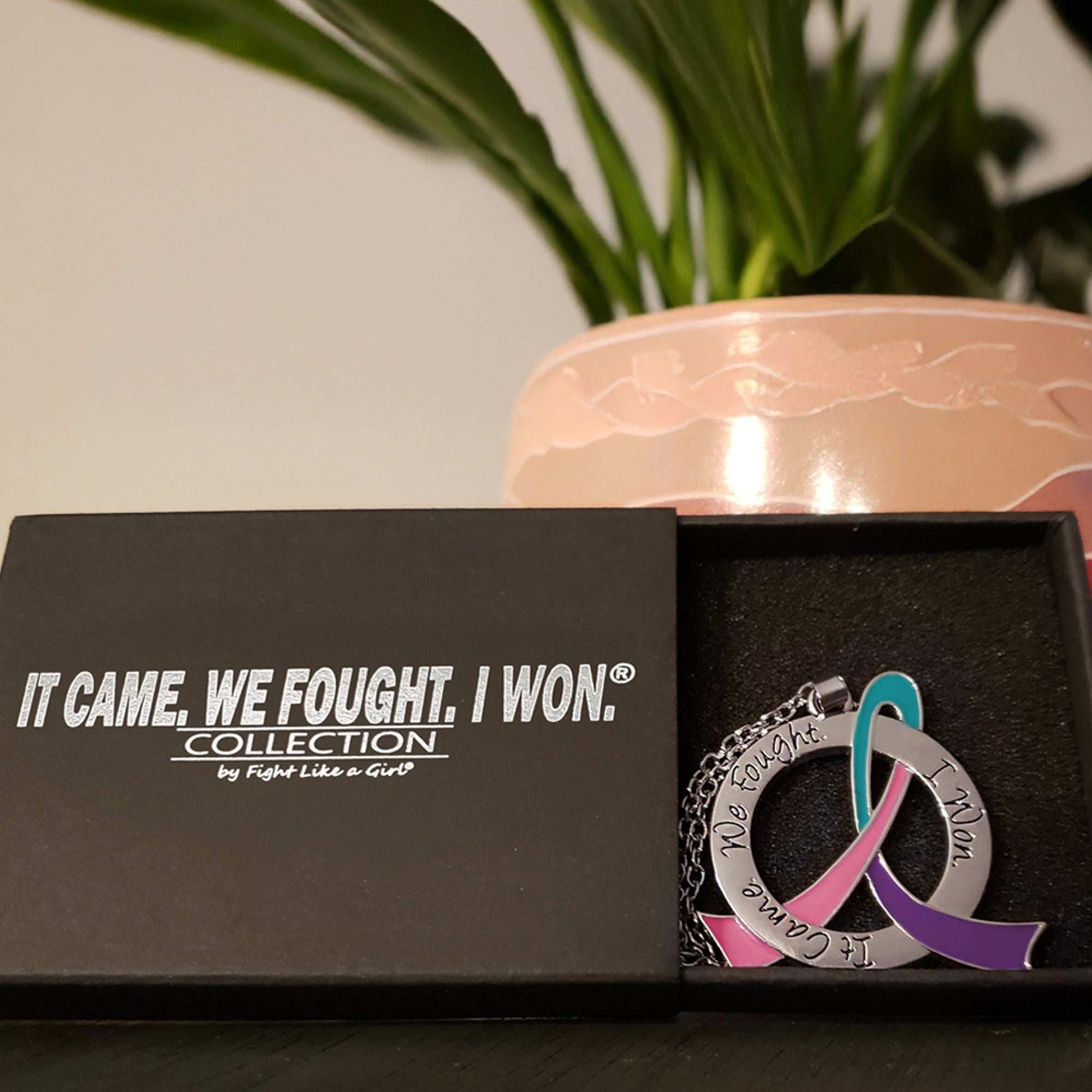 It Came We Fought I Won Awareness Ribbon Necklace - Teal/Purple/Pink