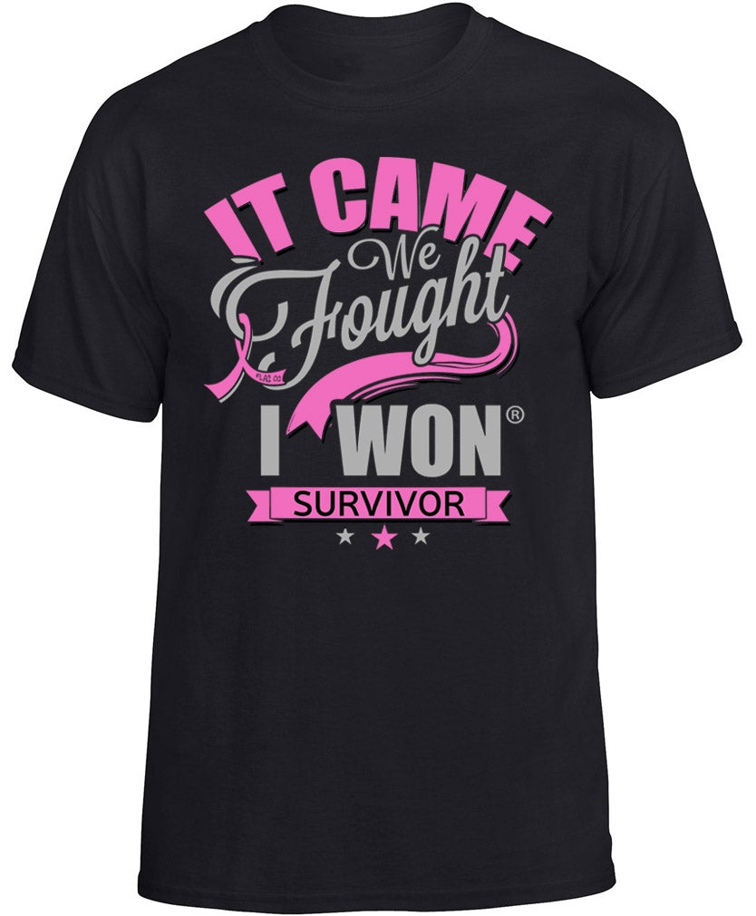 "It Came. We Fought. I Won." Unisex T-Shirt - Black w/ Pink