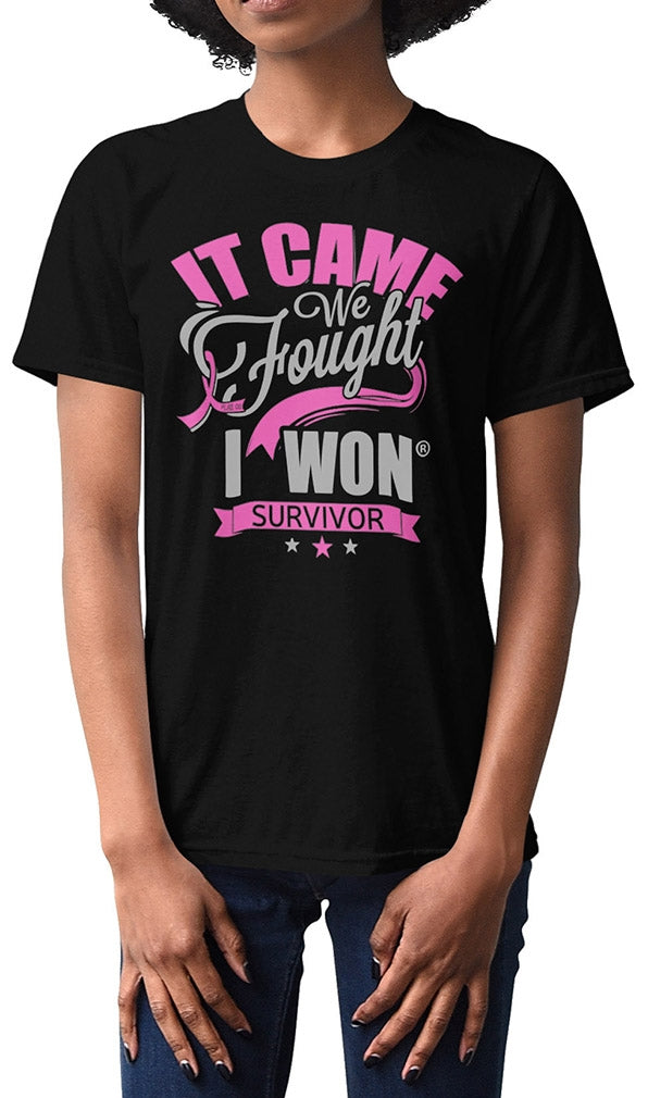 "It Came. We Fought. I Won." Unisex T-Shirt - Black w/ Pink