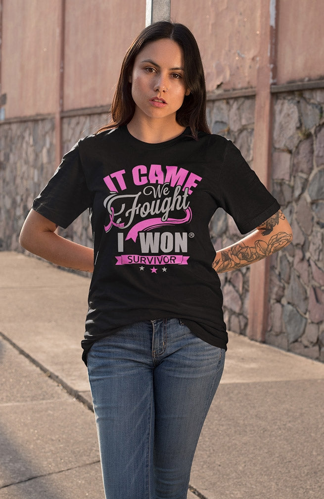 "It Came. We Fought. I Won." Unisex T-Shirt - Black w/ Pink