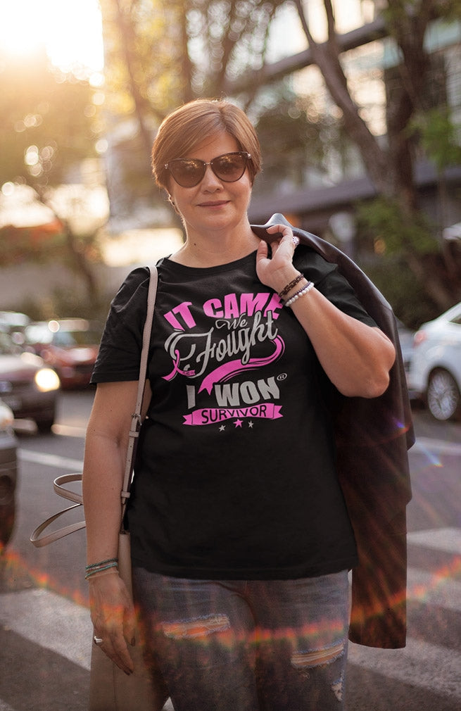 "It Came. We Fought. I Won." Unisex T-Shirt - Black w/ Pink
