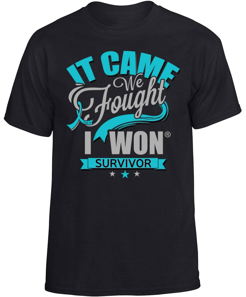 "It Came. We Fought. I Won." Unisex T-Shirt - Black w/ Teal