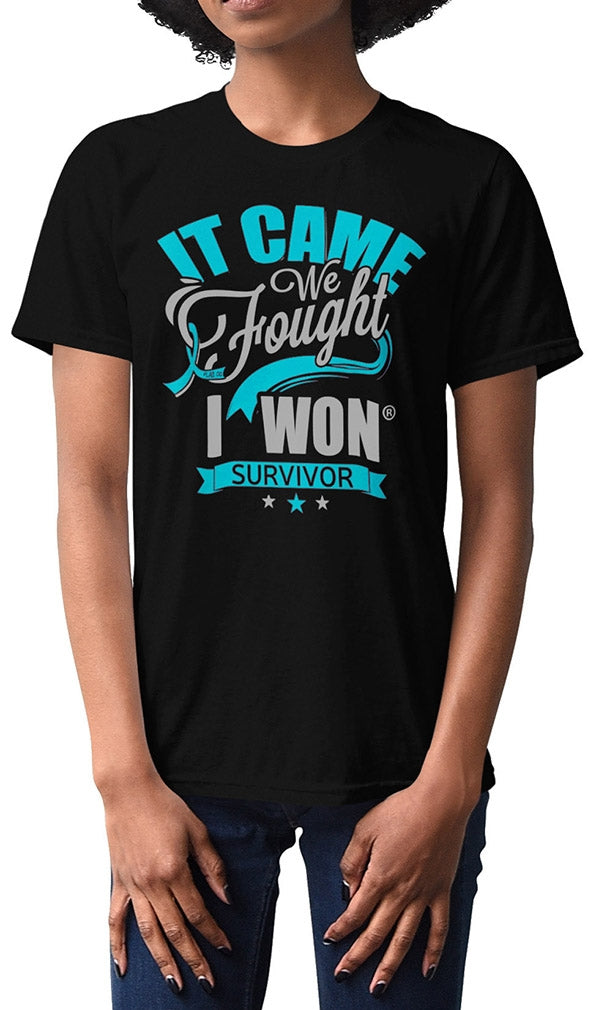 "It Came. We Fought. I Won." Unisex T-Shirt - Black w/ Teal