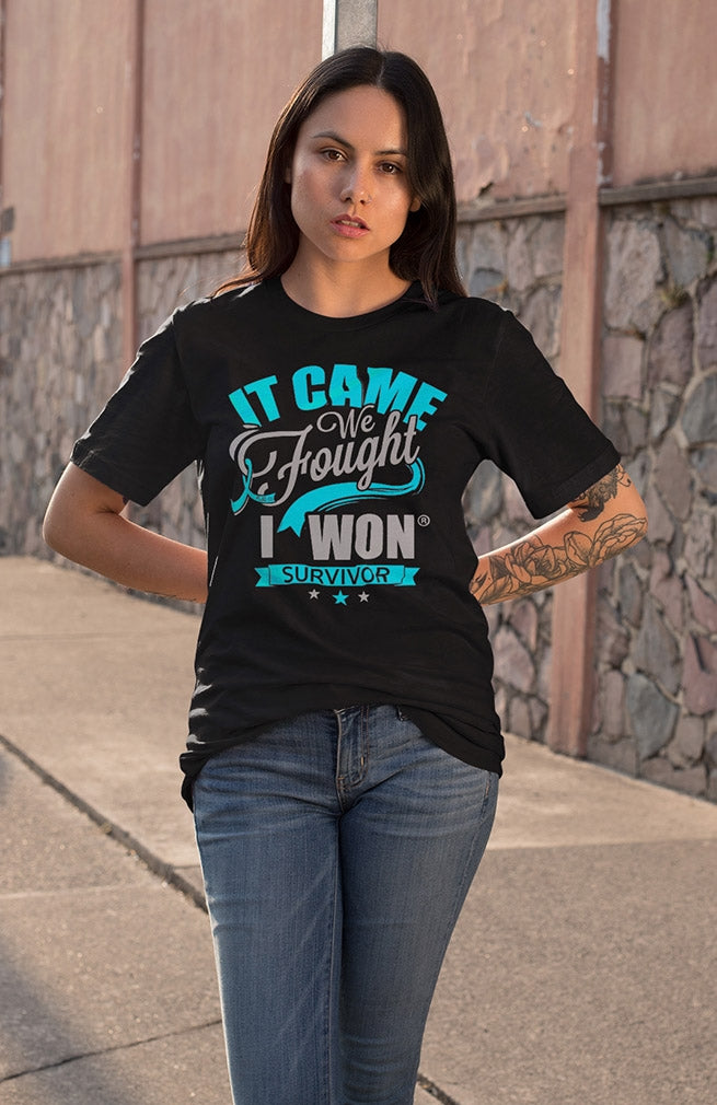 "It Came. We Fought. I Won." Unisex T-Shirt - Black w/ Teal