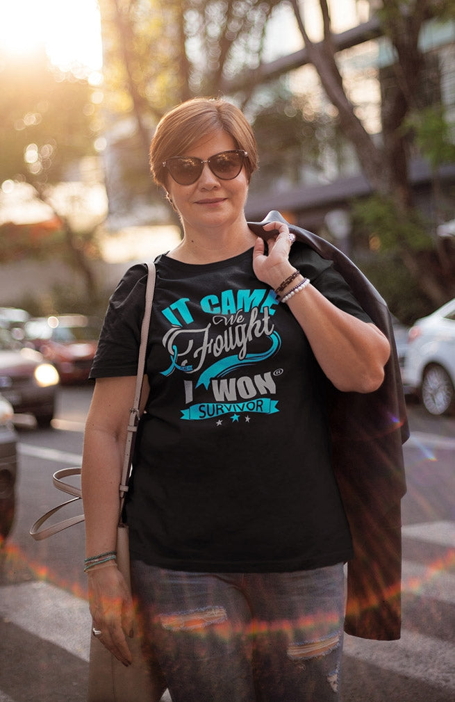 "It Came. We Fought. I Won." Unisex T-Shirt - Black w/ Teal