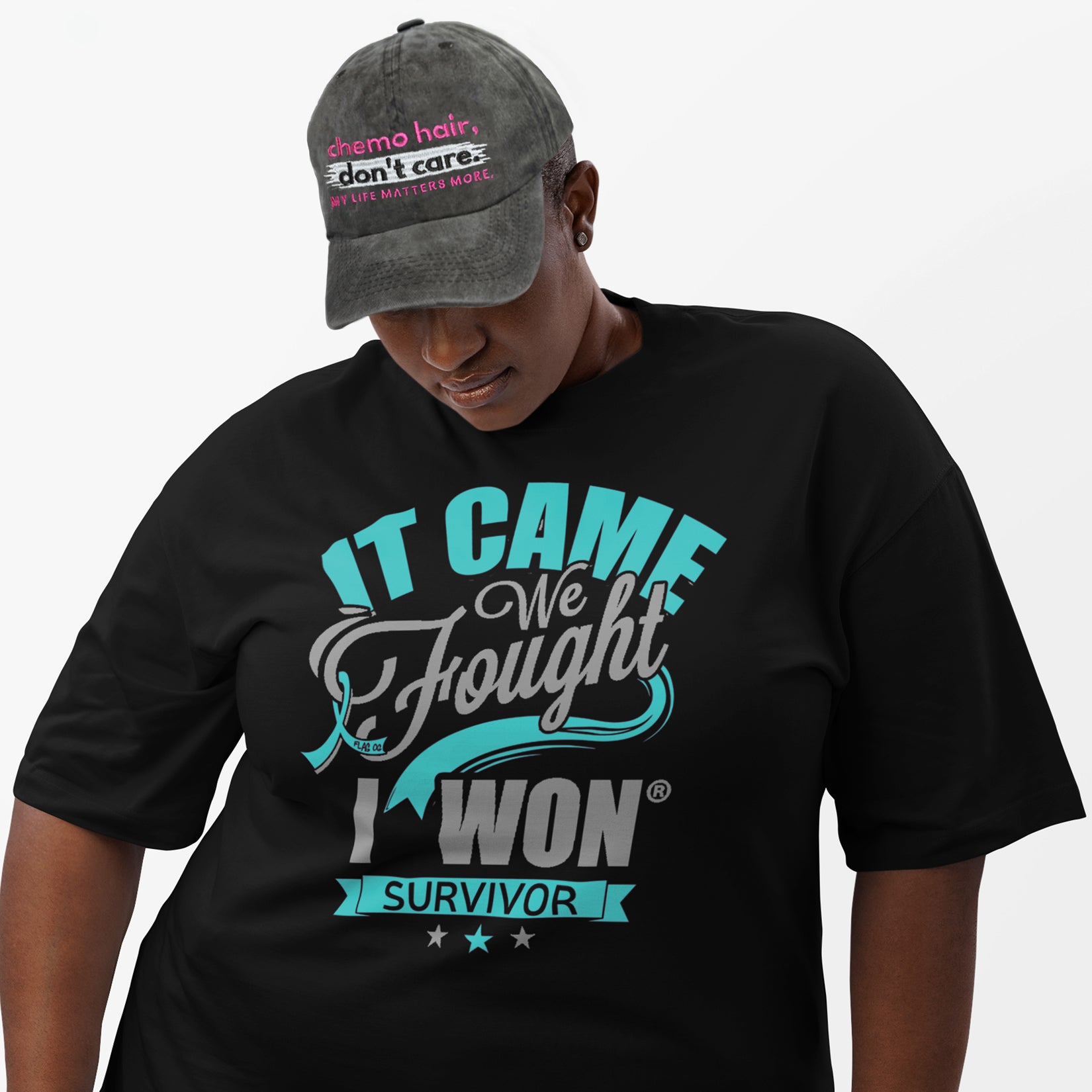 Chemo Hair Don't Care Embroidered Cap - Washed Black w/ Pink