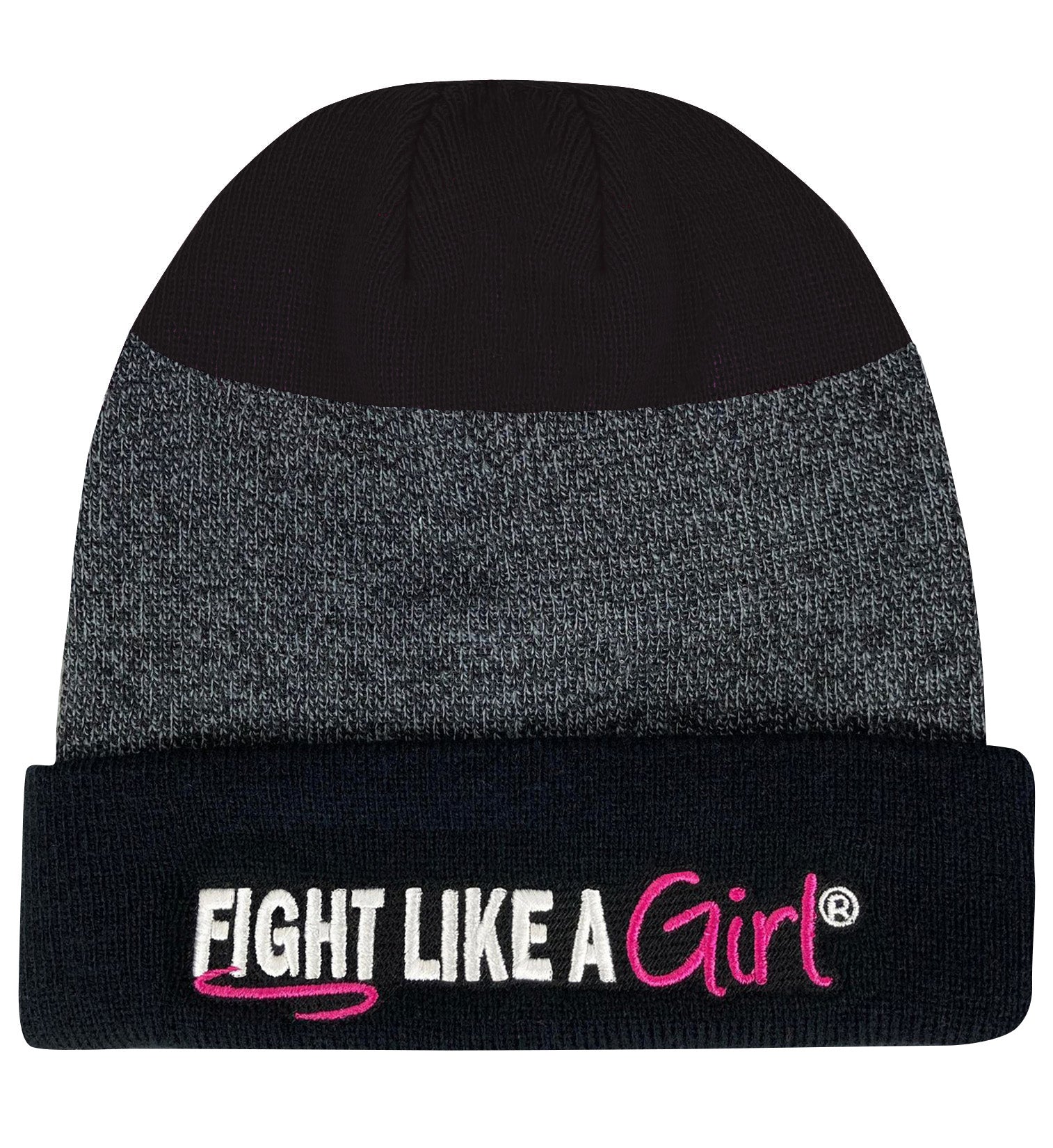 Fight Like a Girl Hybrid Cuffed Knit Beanie - Black/Black w/ Pink