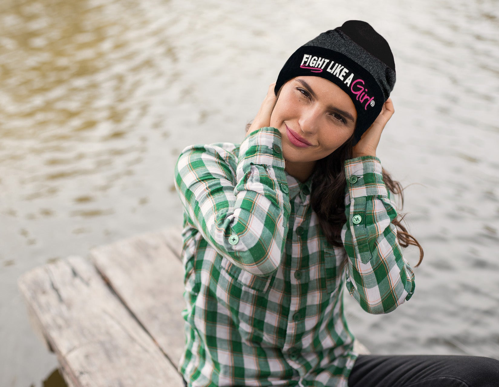 Fight Like a Girl Hybrid Cuffed Knit Beanie - Black/Black w/ Pink