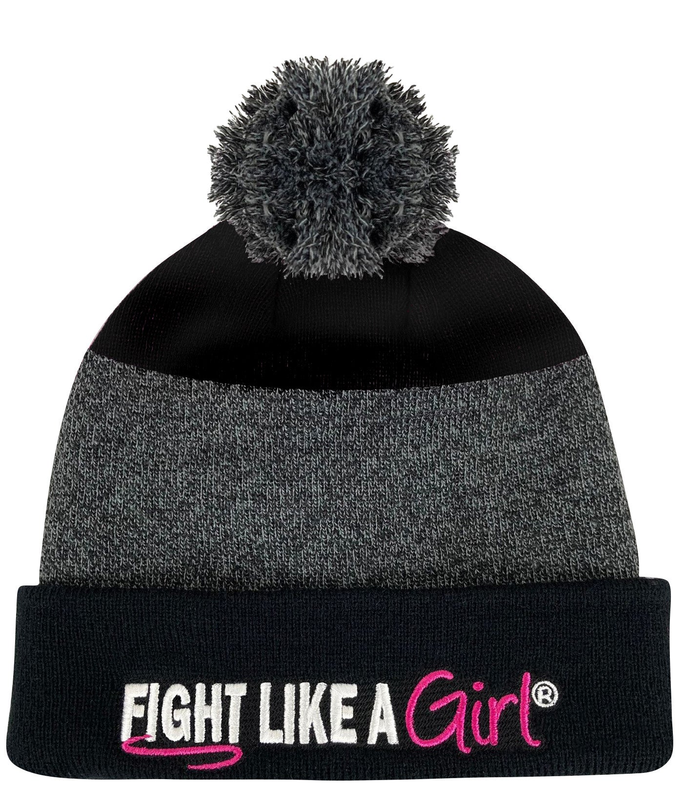 Fight Like a Girl Hybrid Cuffed Knit Pom Beanie - Black/Black w/ Pink
