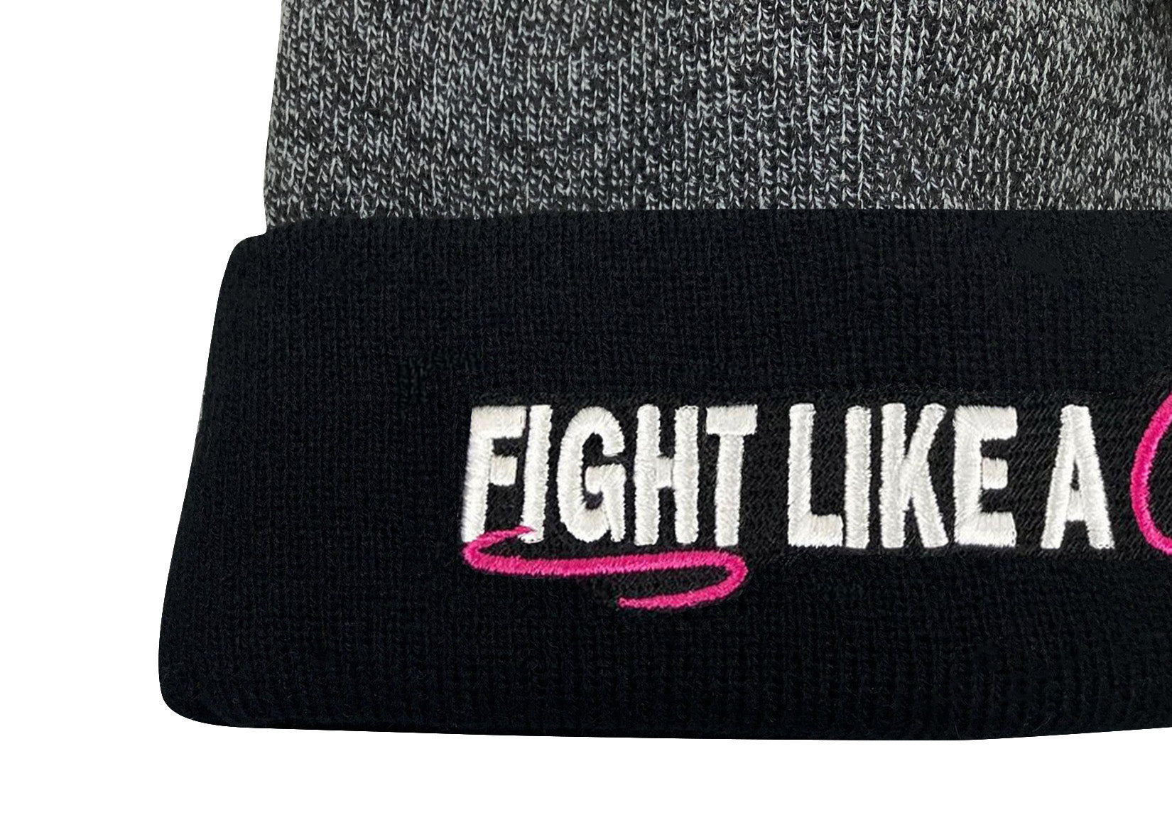 Fight Like a Girl Hybrid Cuffed Knit Pom Beanie - Black/Black w/ Pink