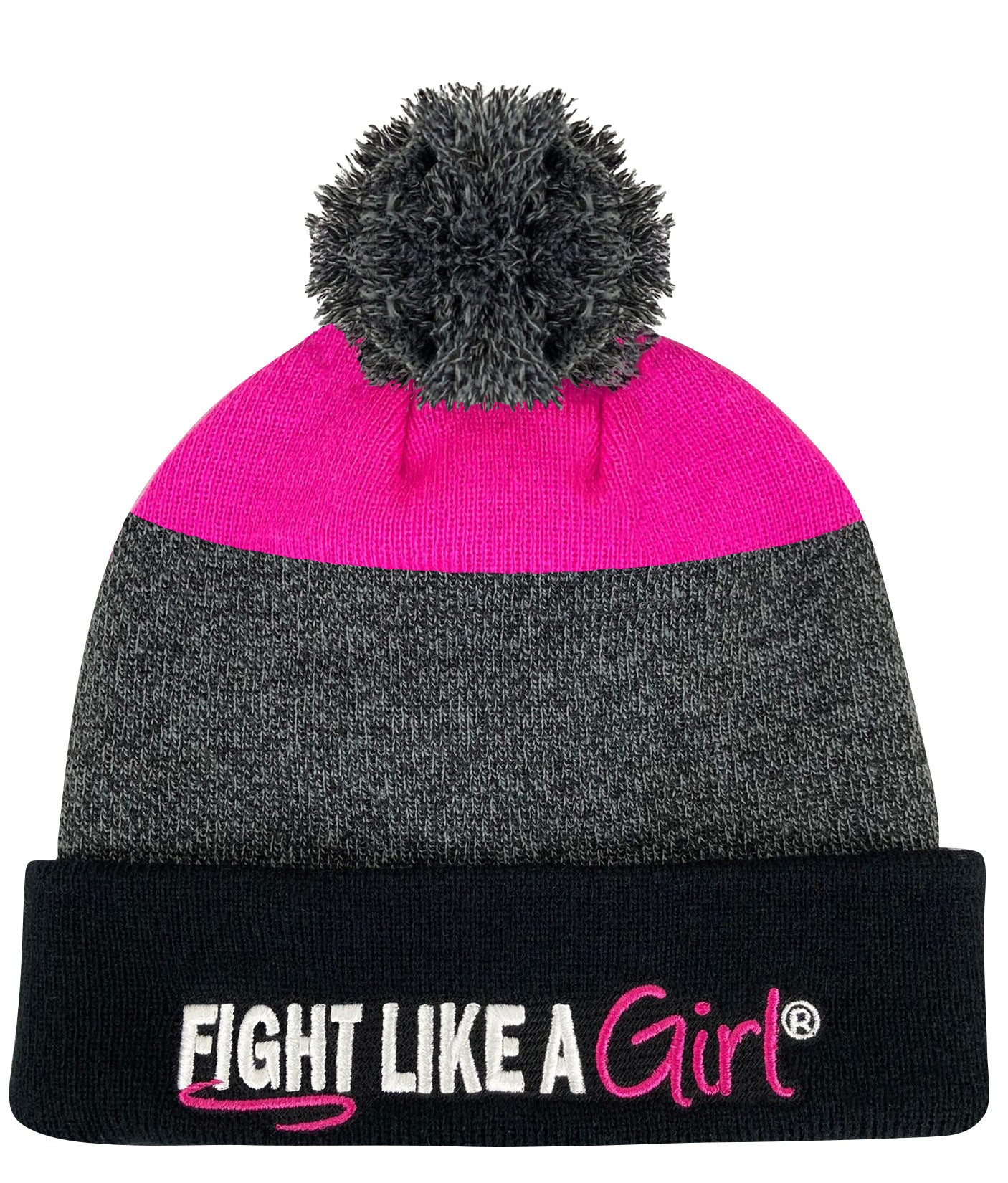 Fight Like a Girl Hybrid Cuffed Knit Pom Beanie - Black/Pink w/ Pink