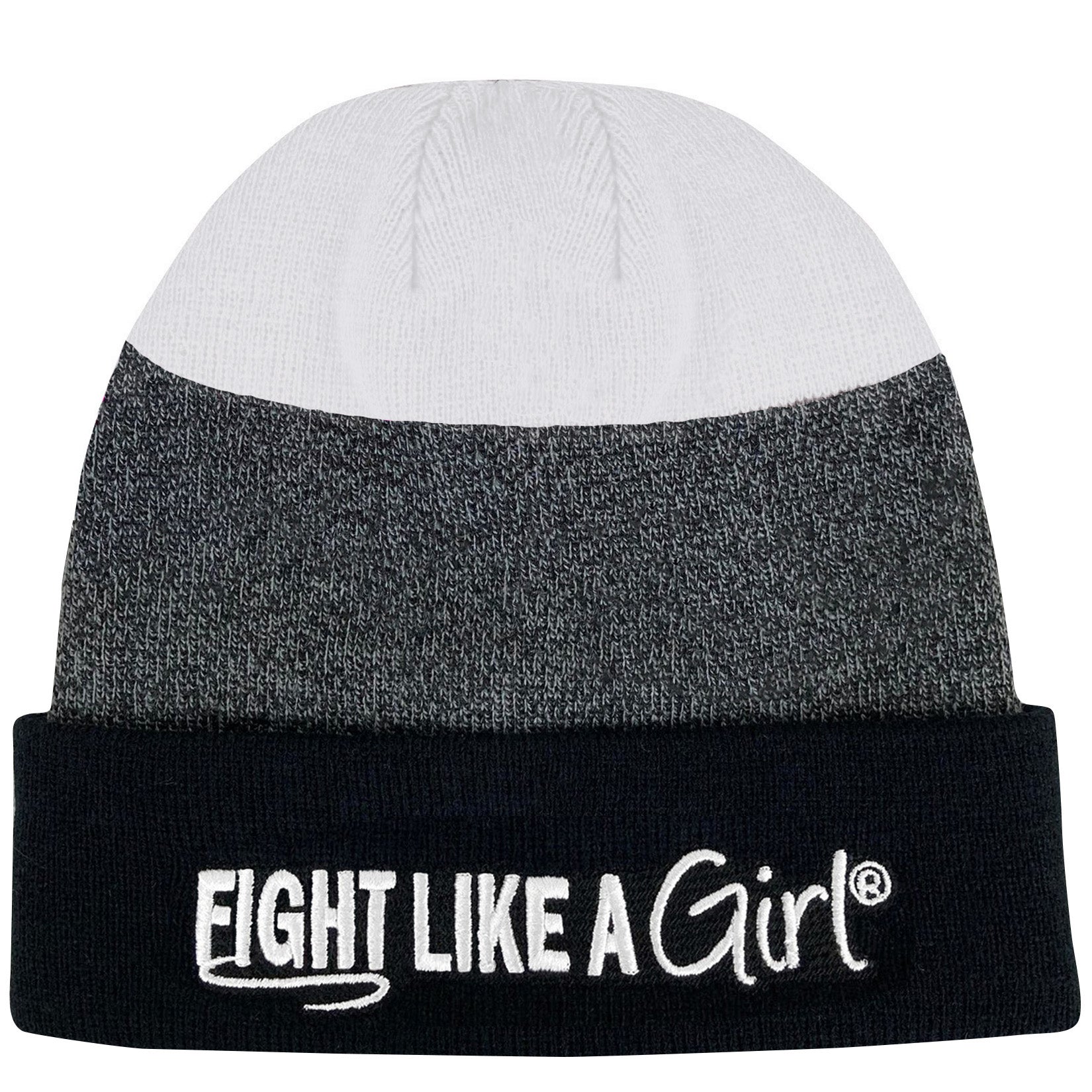 Fight Like a Girl Hybrid Cuffed Knit Beanie - Black/White w/ White