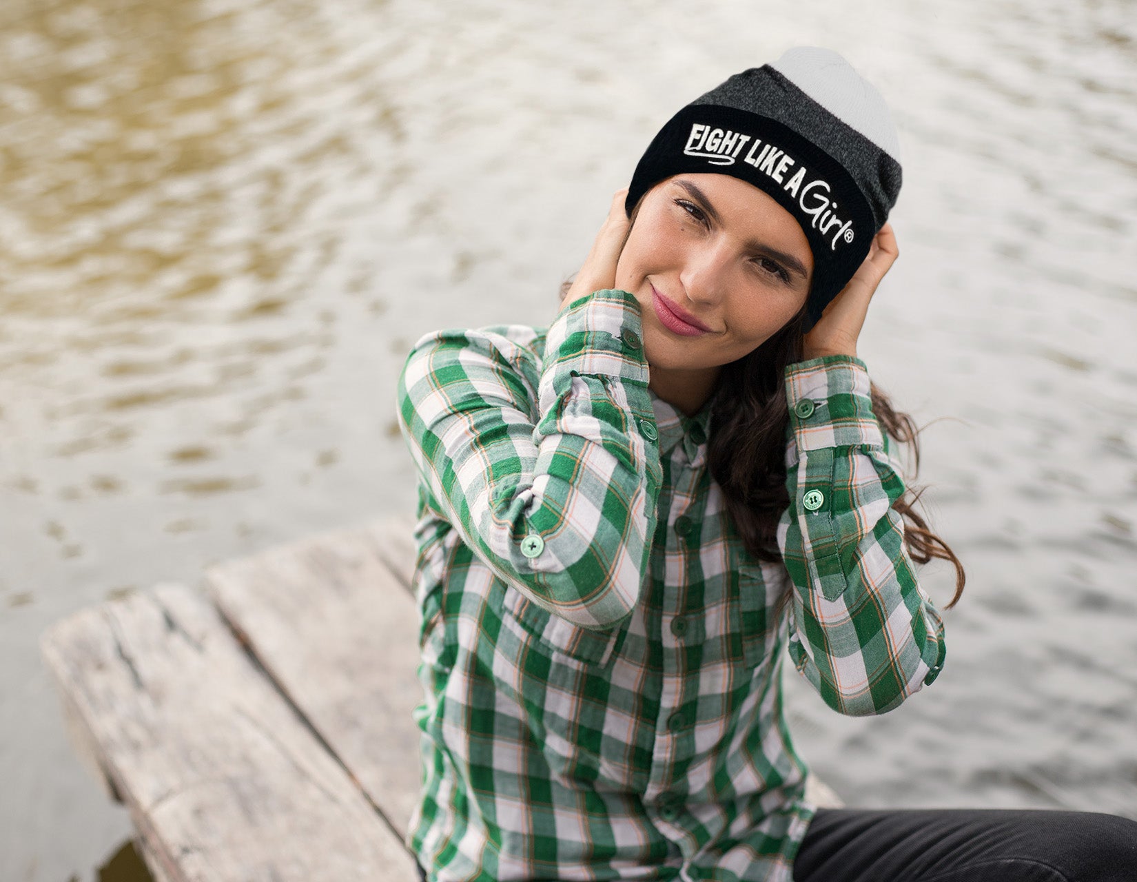 Fight Like a Girl Hybrid Cuffed Knit Beanie - Black/White w/ White