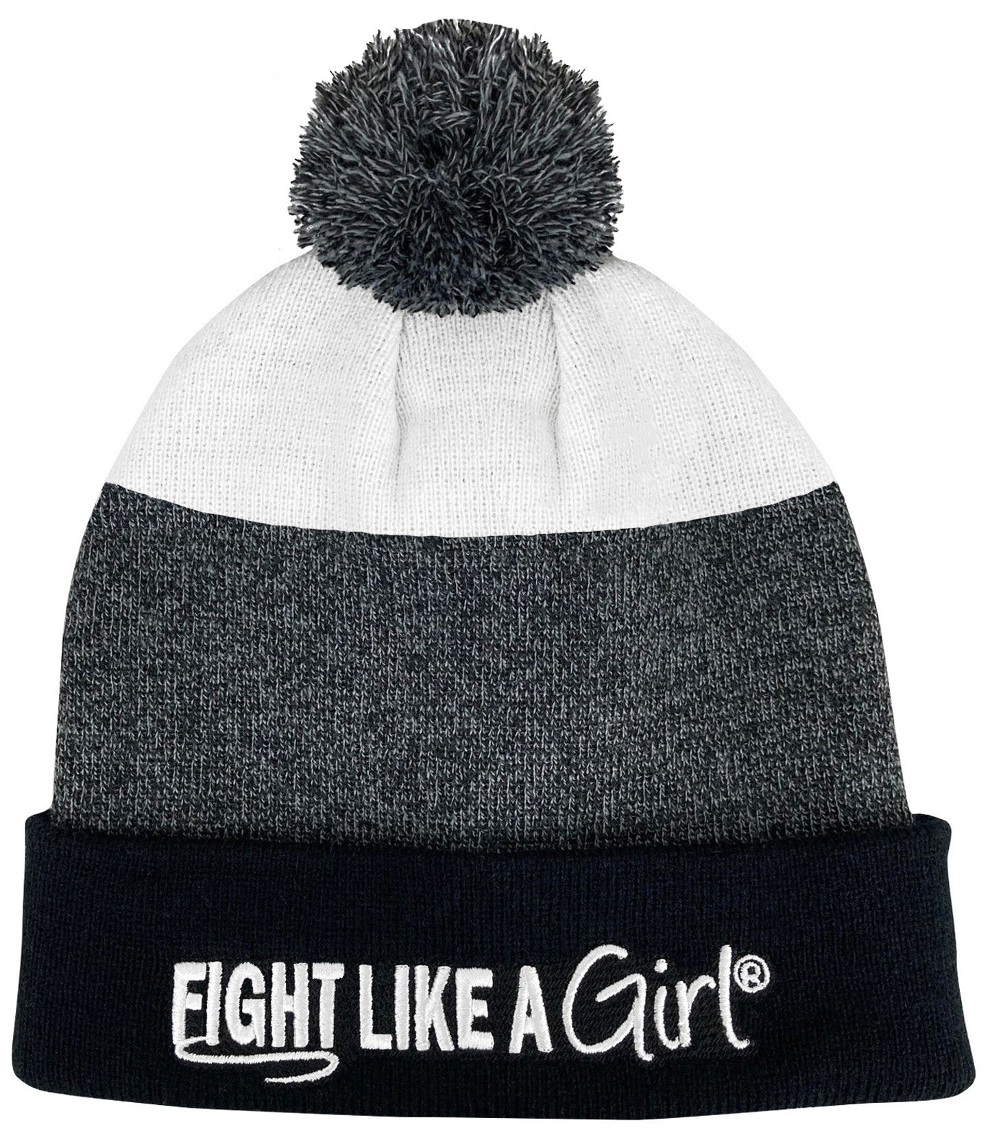 Fight Like a Girl Hybrid Cuffed Knit Pom Beanie - Black/White w/ White